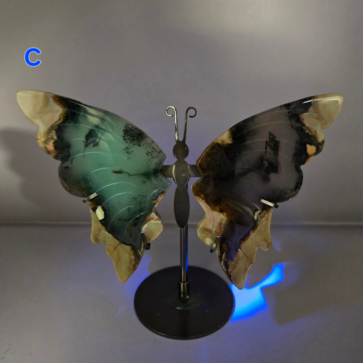 Volcano Agate Butterfly Wing Carvings on Stand