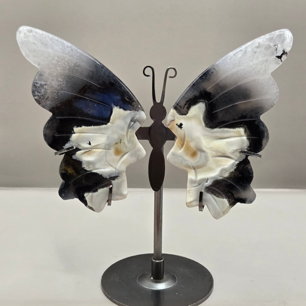 Volcano Agate Butterfly Wing Carvings on Stand
