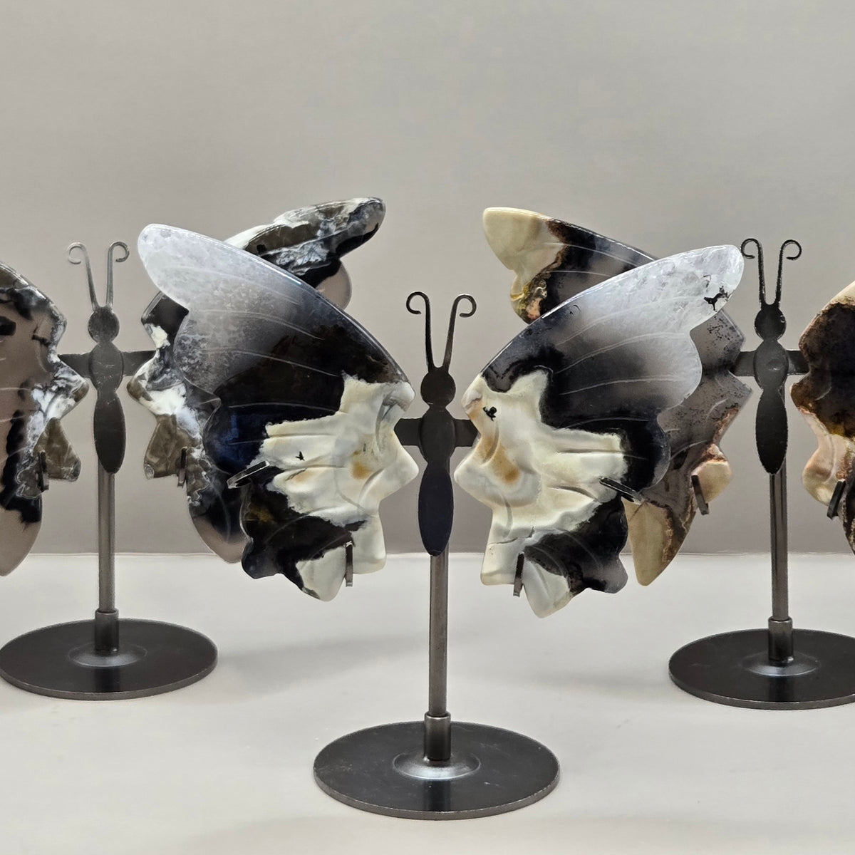 Volcano Agate Butterfly Wing Carvings on Stand