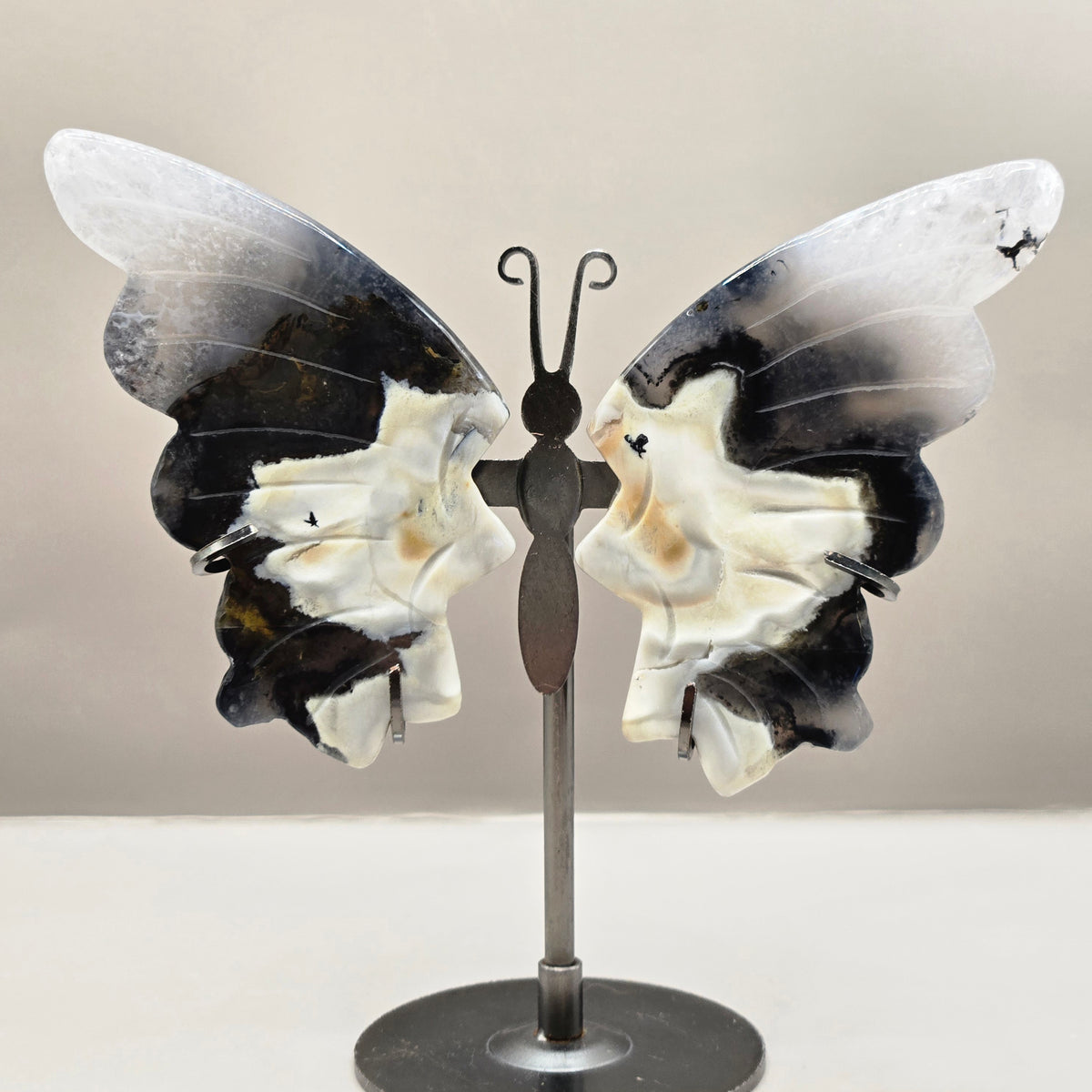 Volcano Agate Butterfly Wing Carvings on Stand