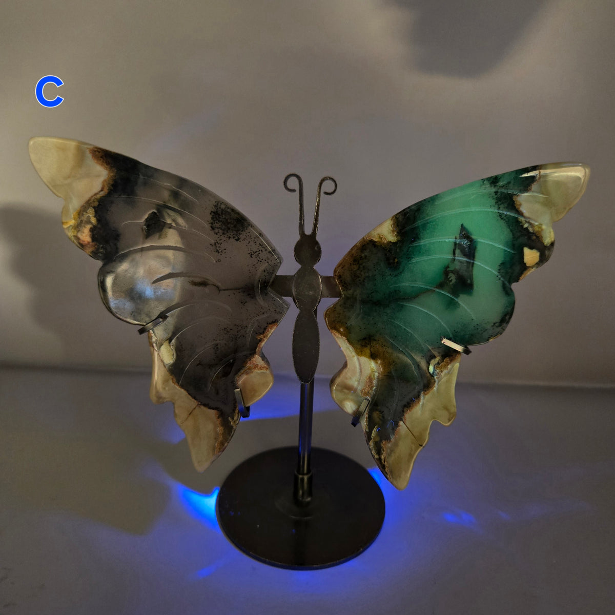 Volcano Agate Butterfly Wing Carvings on Stand