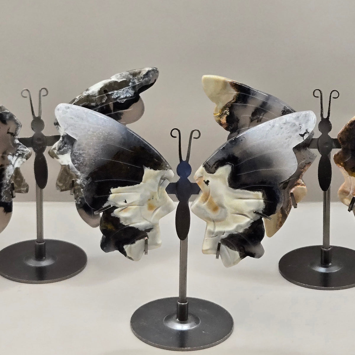 Volcano Agate Butterfly Wing Carvings on Stand