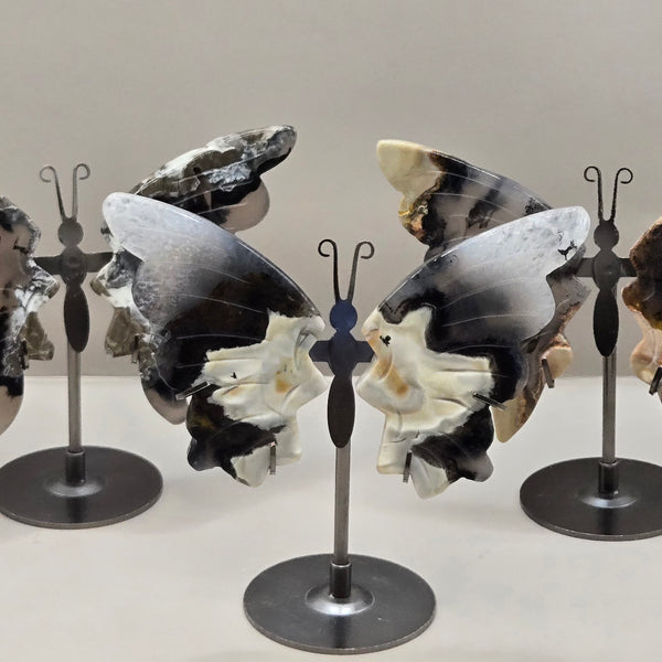 Volcano Agate Butterfly Wing Carvings on Stand
