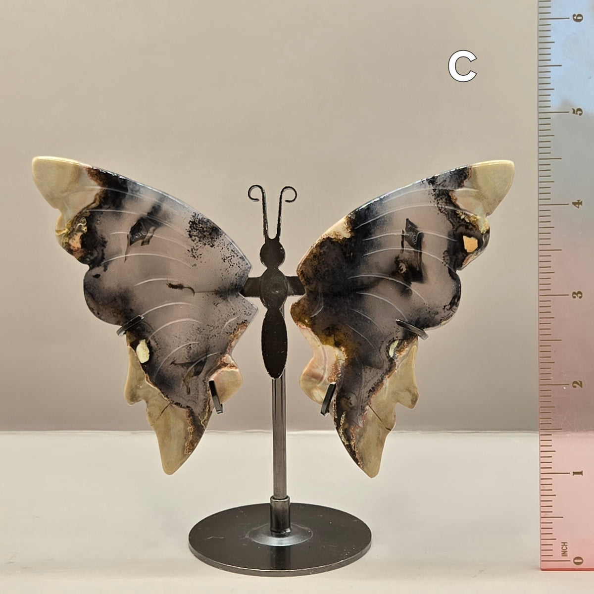 Volcano Agate Butterfly Wing Carvings on Stand