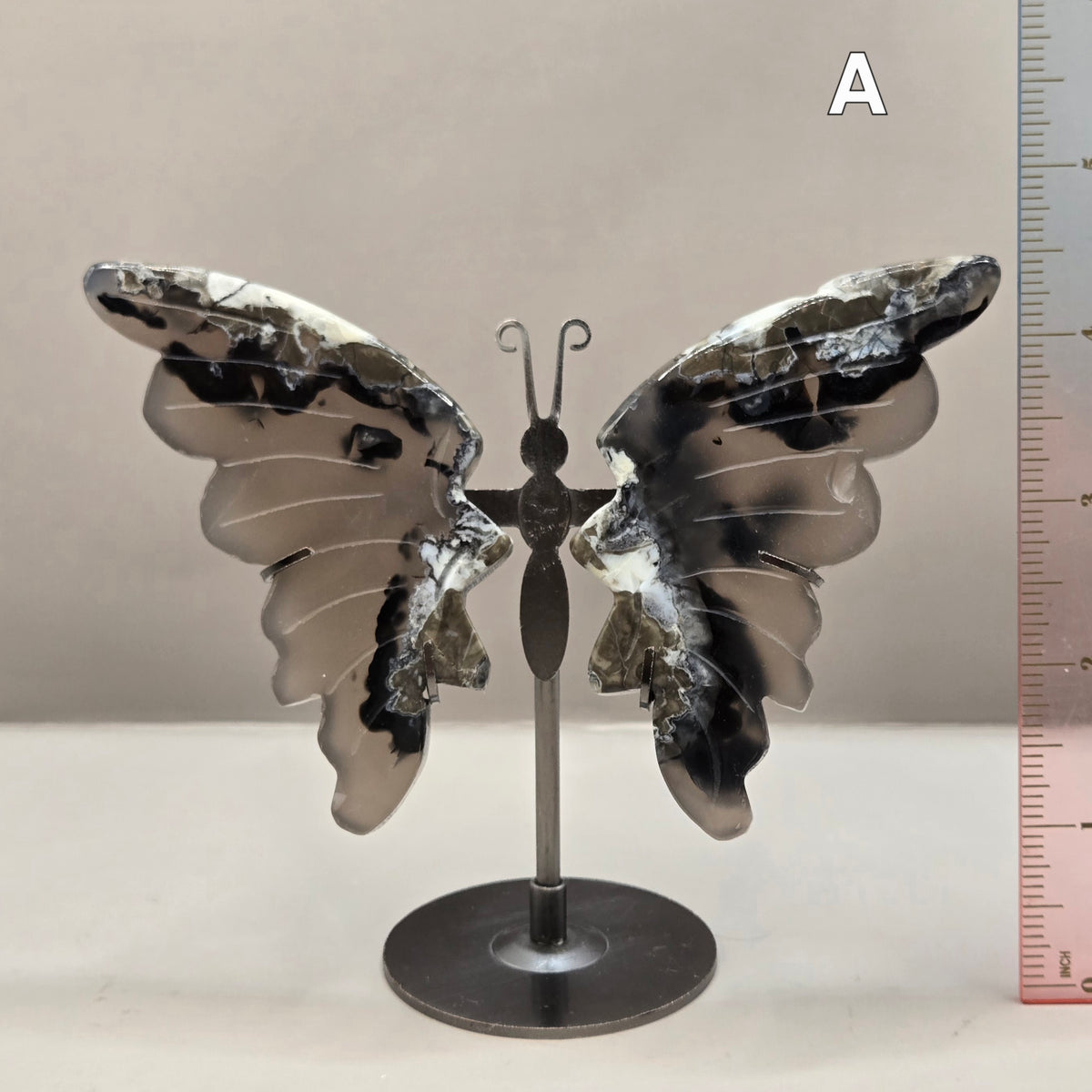 Volcano Agate Butterfly Wing Carvings on Stand