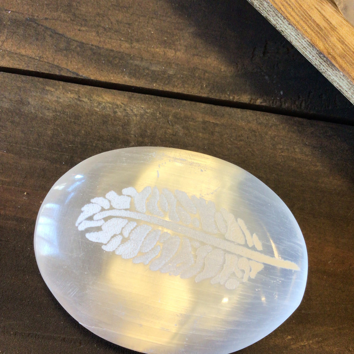 Selenite Palm Stone with Etched Feather