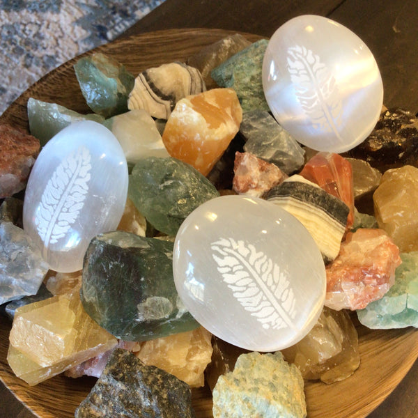 Selenite Palm Stone with Etched Feather