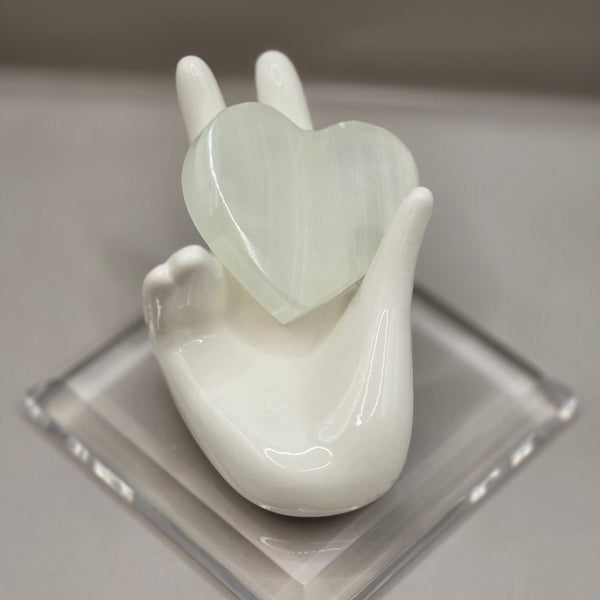 Green Calcite Heart Carving and Ceramic Hand Stand